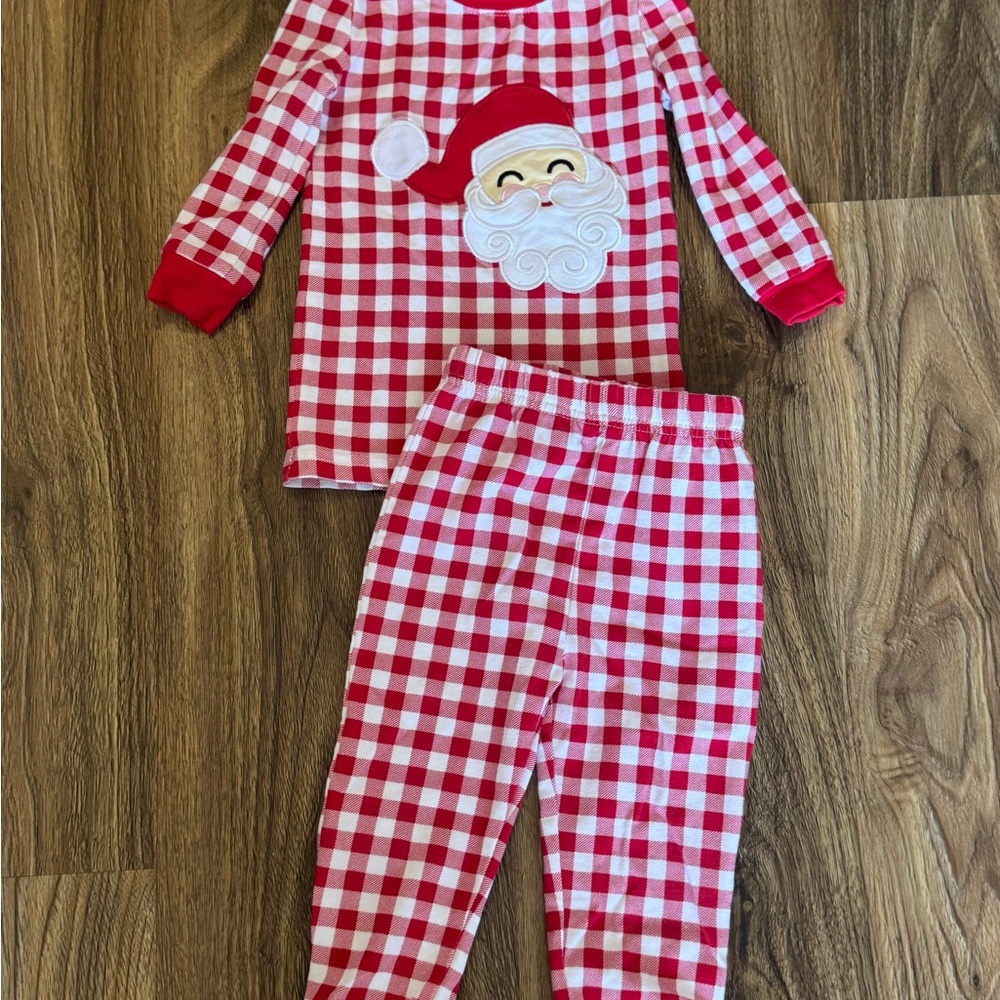 Red and White Gingham Pajama Set with Santa Appliqué